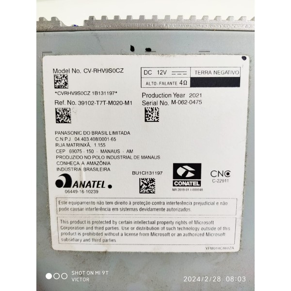 Central Multimidia Honda Hrv 2018 2019 2020 2021 Orig Preto